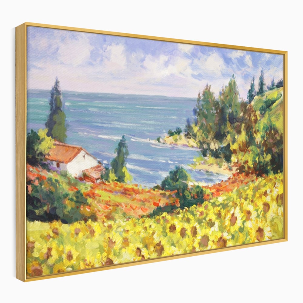 Tablou canvas cu pictura camp cu floarea soarelui si mare, in rama de aluminiu auriu